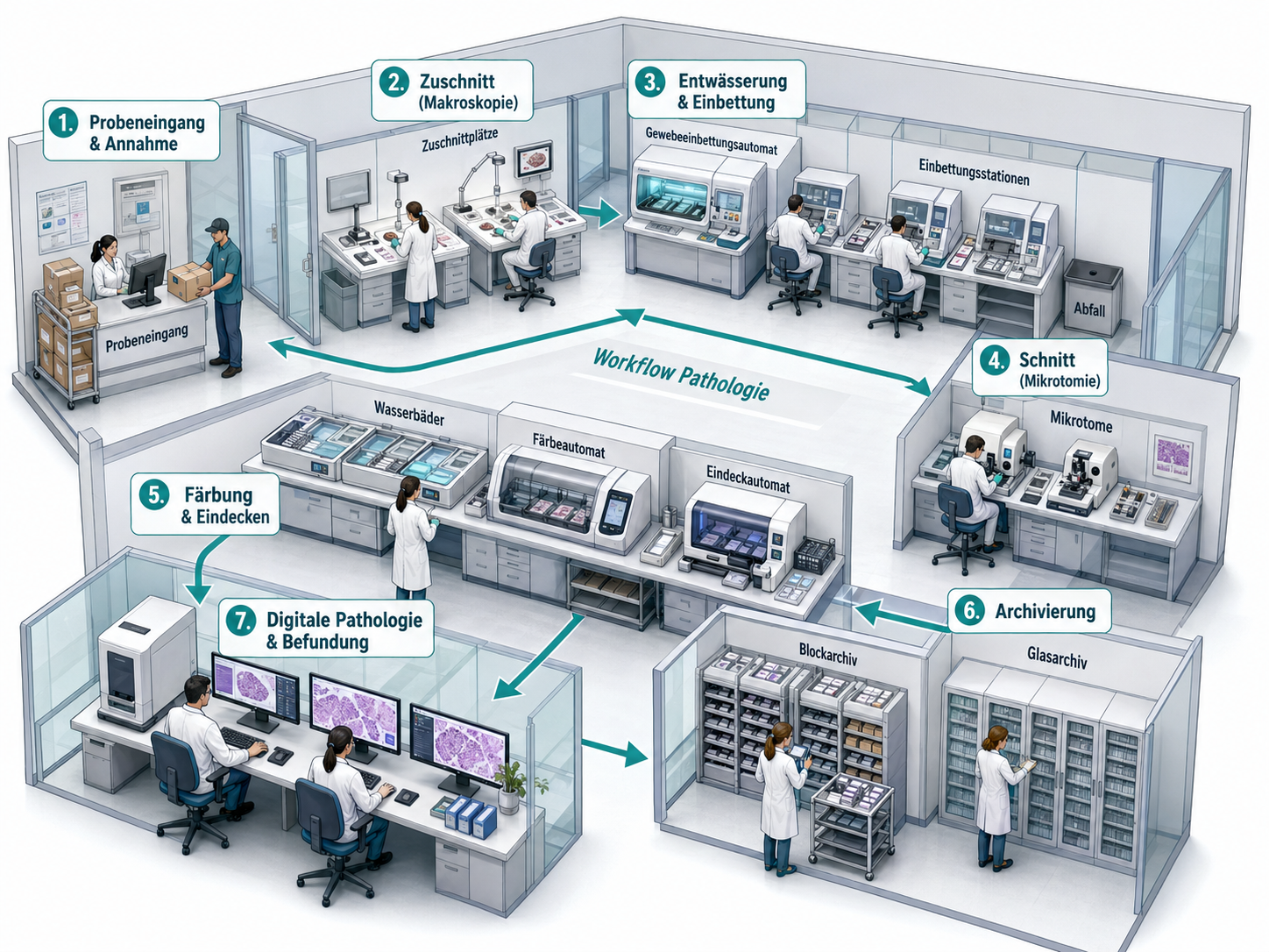 Workflow Pathologie – von der Probenannahme über Zuschnitt, Einbettung, Mikrotomie, Färbung und Archivierung bis zur digitalen Befundung